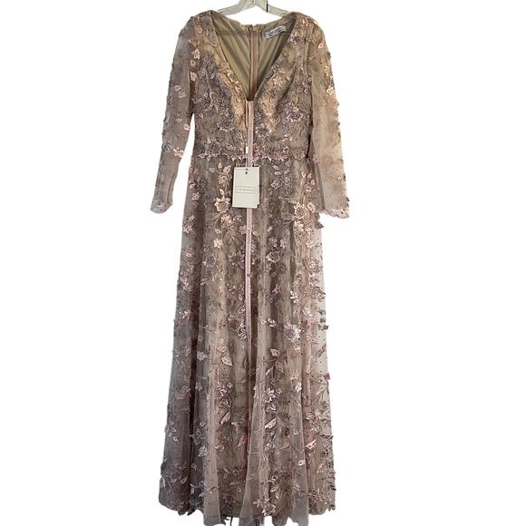 Mac Duggal Pink Floral Applique Illusion Long Sleeve Gown 70224 Sz 4 NWT - Picture 5 of 10